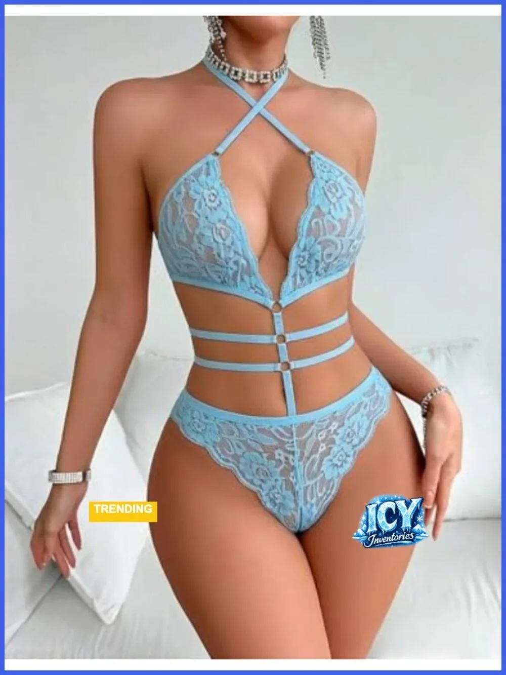 Sexy Deep V Lace Teddy Bodysuit Adjustable Halter One Piece Lingerie